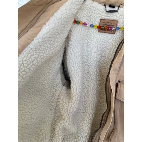 Vintage 90s Mens Levis Tan Cotton Trucker Jacket Sherpa Lined Size M - Picture 14 of 14